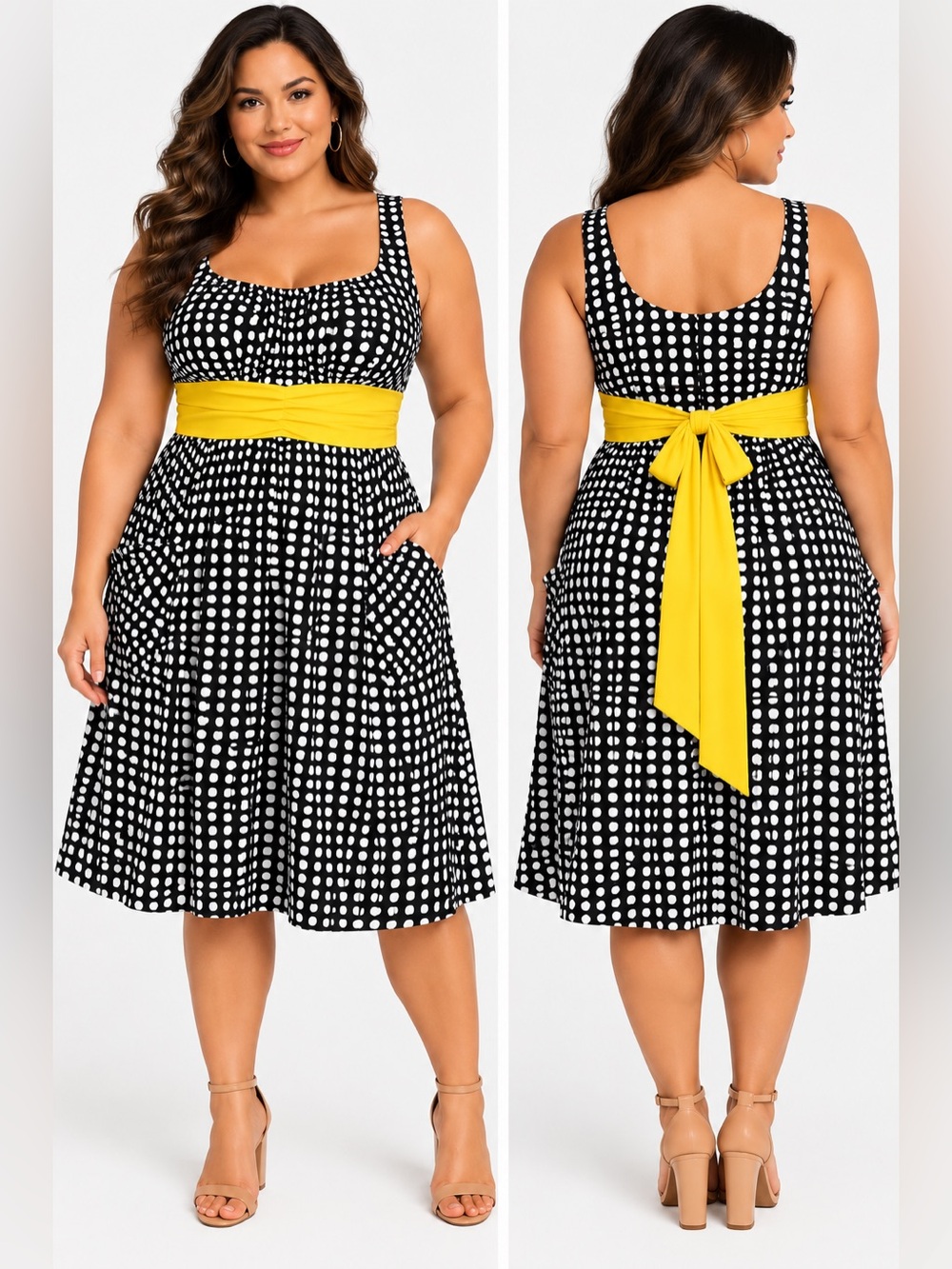 Polka Dot Fit-and-Flare Midi Dress with Yellow Waist Sash